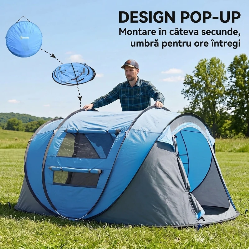 Outsunny Cort de Camping Pop Up pentru 2 Persoane cu 2 Uși, 4 Ferestre și Înveliș Impermeabil, 263.5x220x123 cm, Verde