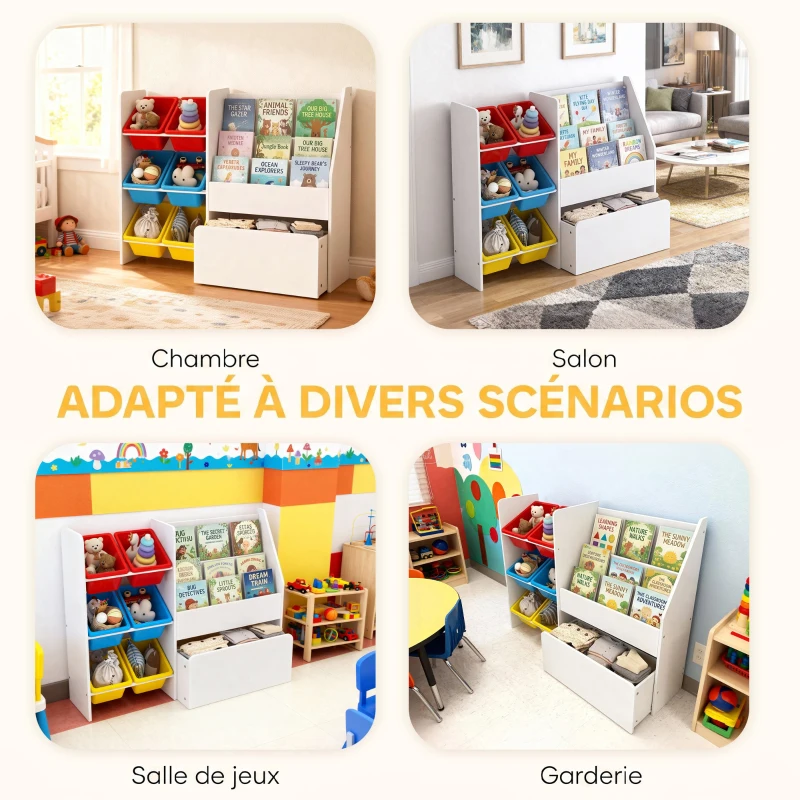AIYAPLAY Meuble rangement enfant rangement jouets enfant 6 bacs amovibles et grand coffre à roulettes 100x30x80cm multicolore