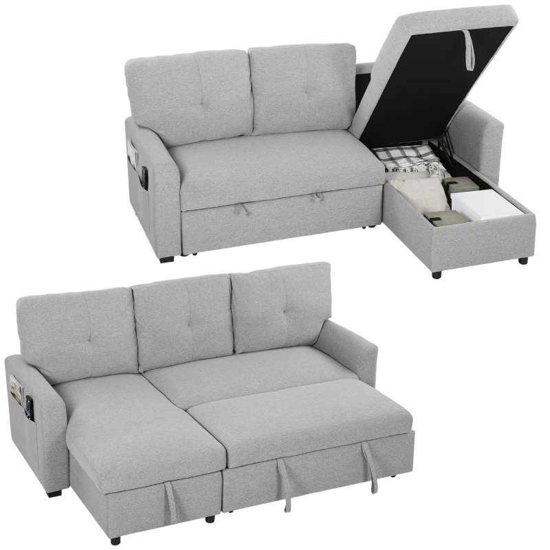 HOMCOM Canapea extensibilă 3 locuri cu șezlong convertibil, spațiu de depozitare, 3 perne, material cu efect de in, gri