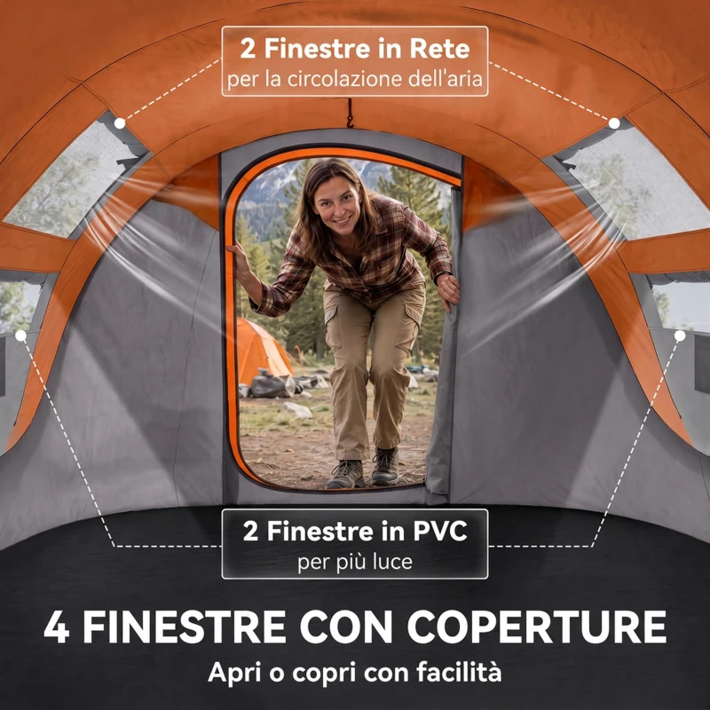 Outsunny Tenda da Campeggio Pop Up 3 Posti con 2 Porte, 4 Finestre e Telo, 263.5x220x123 cm, Arancione
