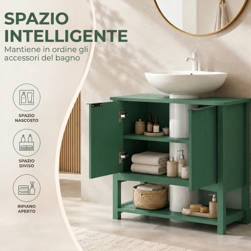 HOMCOM Mobile Sottolavabo per Lavabo a Colonna con Anta e Ripiano, 65x32x62 cm, Verde