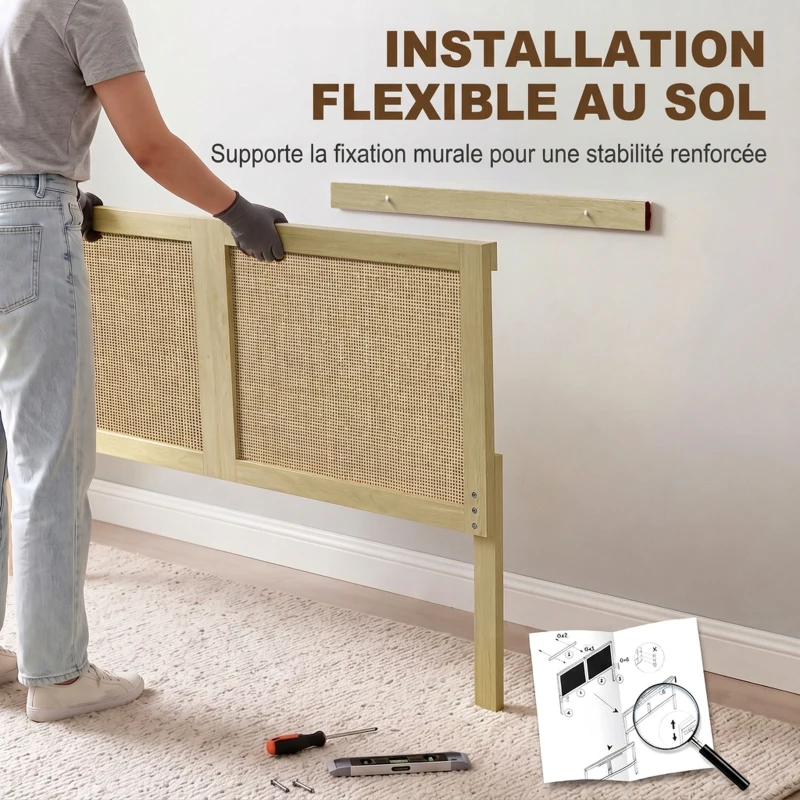 HOMCOM Tête de Lit en Bois à Effet Rotin, Design Bohème, pour Chambre à Coucher, 140 x 4 x 87 cm, Chêne