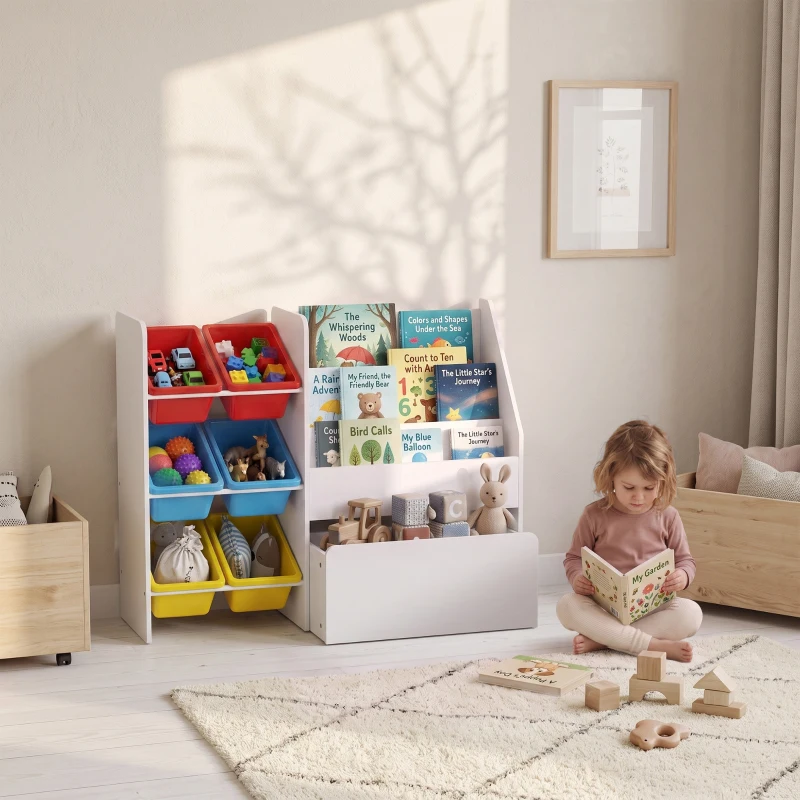 AIYAPLAY Toy Storage Unit, 3-Tier Toy Organiser Shelf with 6 Removable Storage Bins for Bedroom, Nursery, Multicoloured