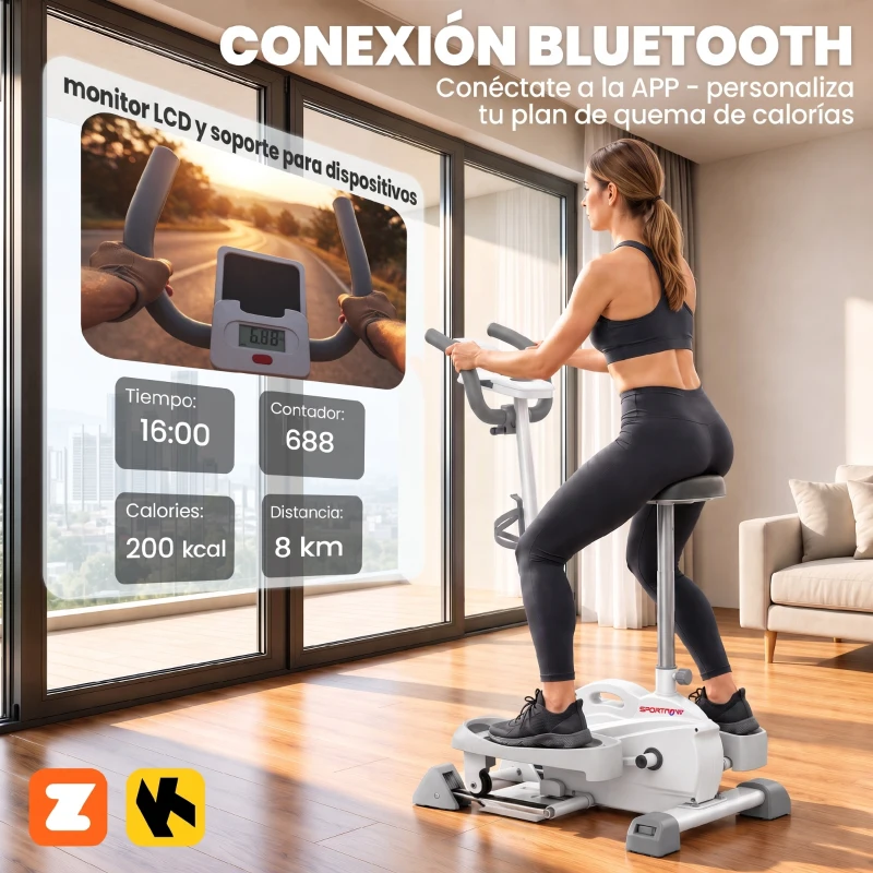 SPORTNOW Máquina Elíptica 3 en 1 Silenciosa con Asiento Resistencia Magnética Regulable Pantalla LCD Compatible con App Blanco
