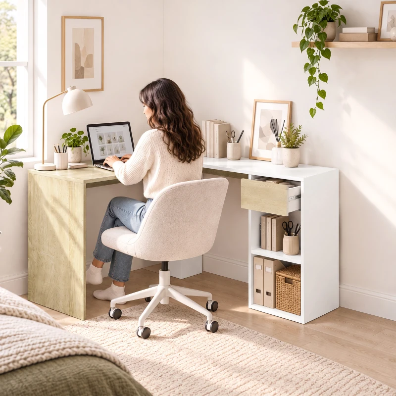 HOMCOM L-förmiger Eckschreibtisch 120x110 cm mit Schublade und 2 Ablagen für Home-Office Arbeitszimmer Weiß und Natur