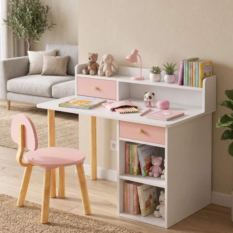 AIYAPLAY Schreibtisch- und Stuhlset für Kinder mit 2 Schubladen und Ablagen aus Holz, für Kinderzimmer, Arbeitszimmer, Kindergarten, Rosa