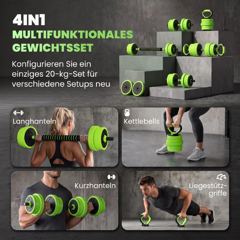 SPORTNOW 4 in 1 Hanteln Set 20 kg verstellbare Kurzhantel & Langhantel Kettlebell Liegestützgriffe Grün
