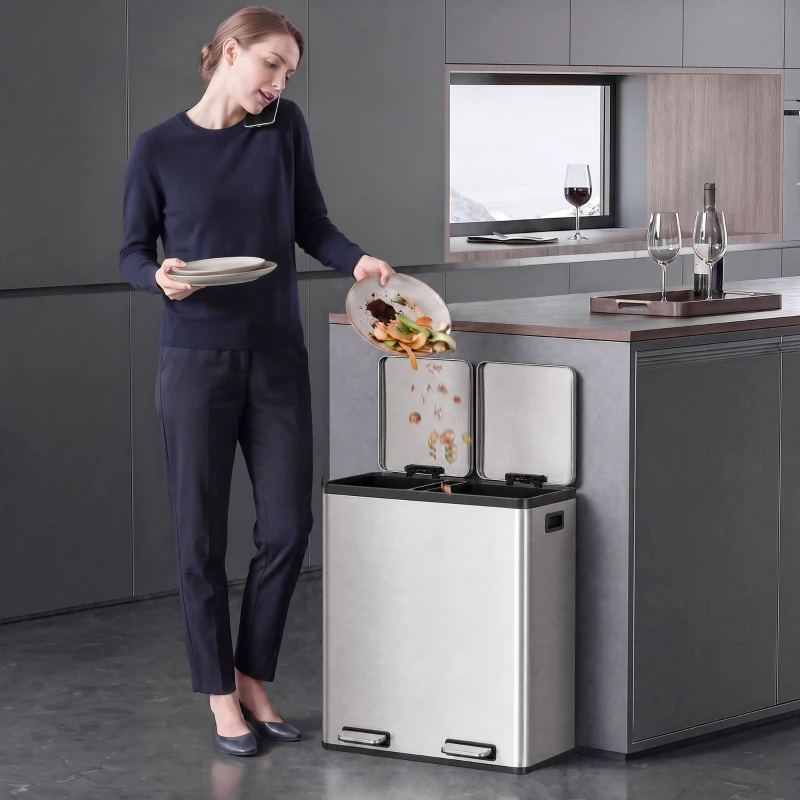 HOMCOM Poubelle à Double Compartiment 2 x 30 L, Poubelle de Cuisine à Pédale en Acier Inoxydable, Argenté