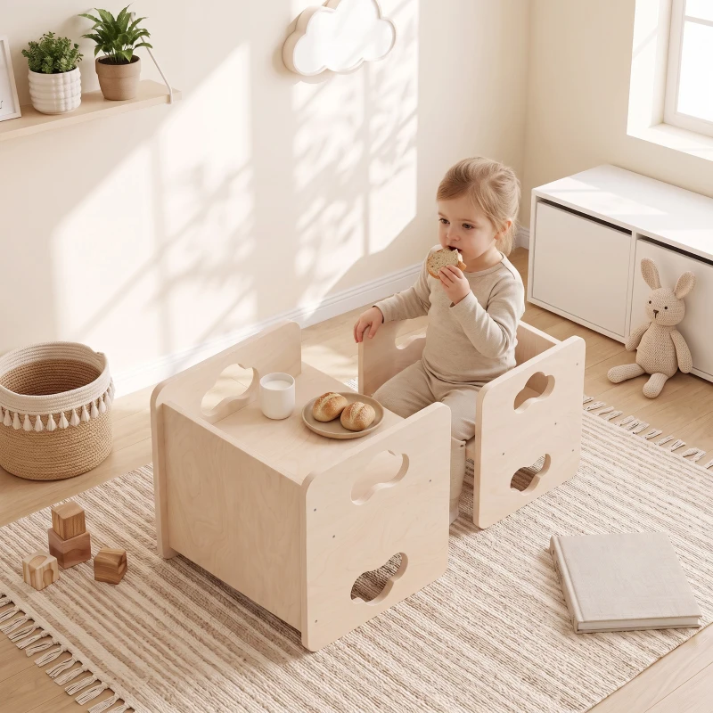 AIYAPLAY Montessori Inspired Toddler Table and Chair Set with 3-Level Heights, Weaning Baby Tables Chair Set for 18-36 M, Natural