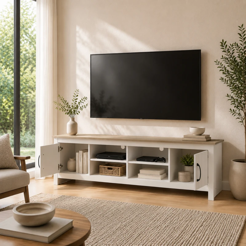 HOMCOM Comodă TV 175 cm, pentru televizor până la 140 cm, cu 2 uși și 4 compartimente deschise, stejar și alb