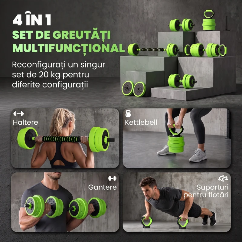 SPORTNOW Set de Greutăți 4 în 1 de 20 kg, convertibil în kettlebell, 2 gantere, bară și suport pentru flotări, verde