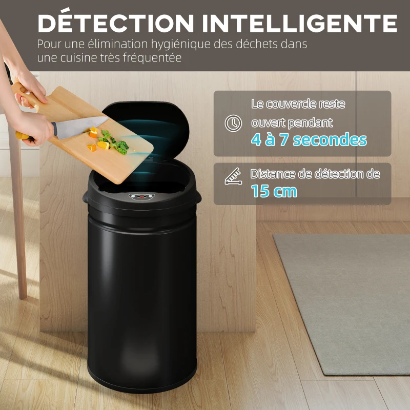 HOMCOM Poubelle cuisine automatique 30L acier inoxydable, poubelle à couvercle à fermeture en douceur, 32x30,5x51cm, noir