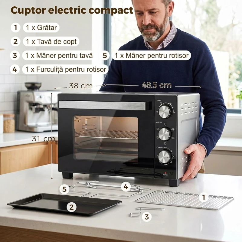 HOMCOM Cuptor Electric 1500W 28L cu Temperatură Reglabilă până la 230°C, Timer 60 min, Grătar, Tavă și Mâner pentru Tavă