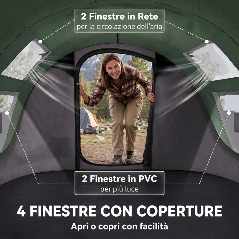 Outsunny Tenda da Campeggio Pop Up 3 Posti con 2 Porte, 4 Finestre e Telo Resistente all'acqua, 263.5x220x123 cm, Verde Scuro