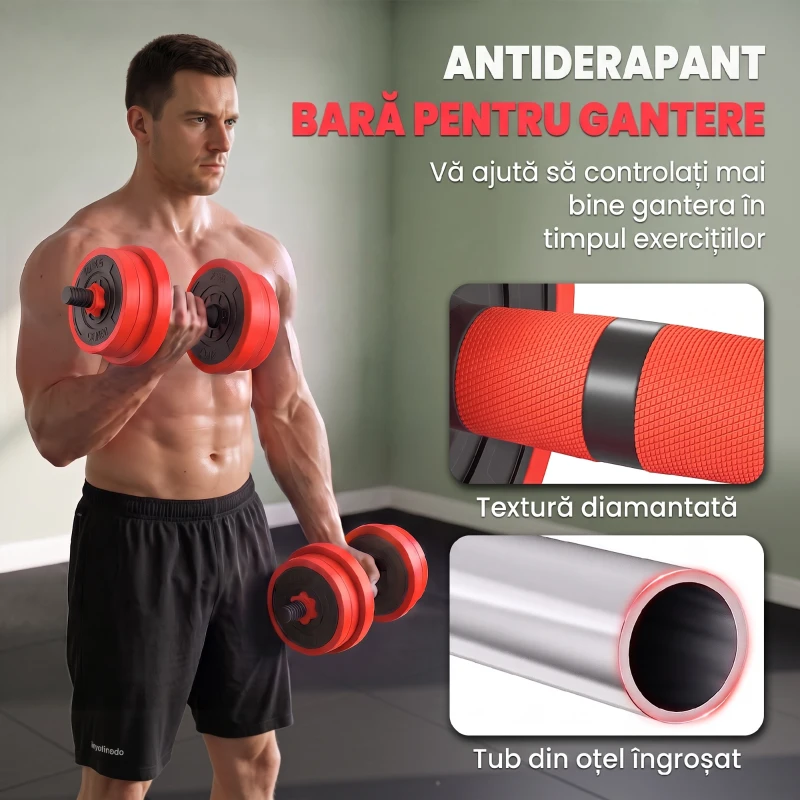 SPORTNOW Set Greutăți 4 în 1 de 20kg, Convertibil în Kettlebell, 2 Gantere, Bară și Suport pentru Flotări, Roșu