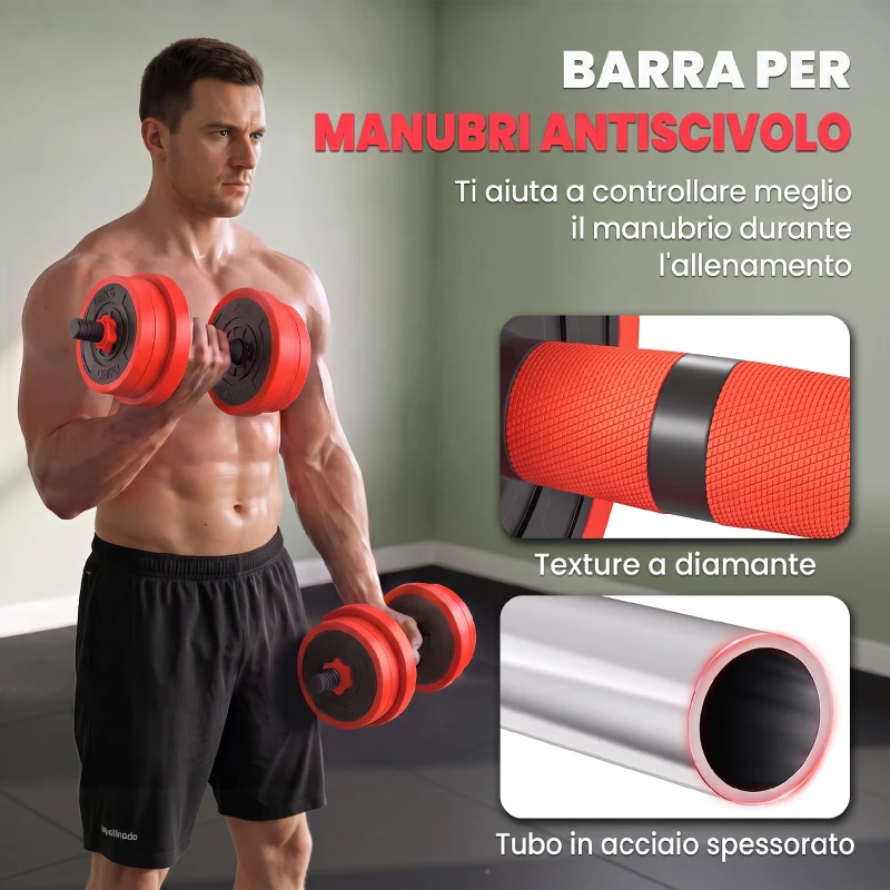 SPORTNOW Set Pesi da Palestra 4 in 1 da 20kg, Convertibile in Kettlebell, 2 Manubri, Bilanciere e Supporto Flessioni, Rosso