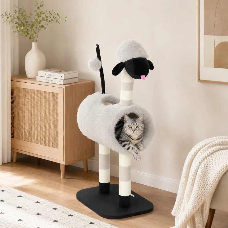 PawHut Árbol para gatos diseño de oveja, con postes rascadores, túnel y juguete, 98 cm, Gris claro