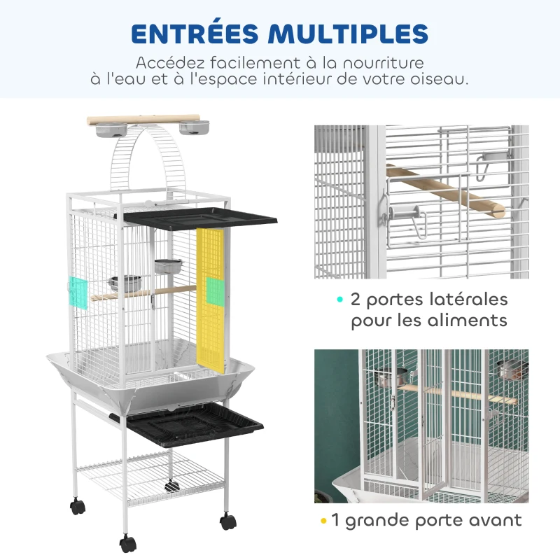 PawHut Cage oiseaux, voliere oiseaux à roulettes avec support, plateau coulissant, perchoir en bois, 62,5x62,5x156cm, blanc