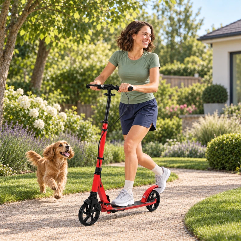 SPORTNOW Klappbarer Aluminium-Roller, verstellbarer Lenker, doppelte Hand-/Fußbremsen, 18 cm PU-Räder, 86x38x103,5 cm, Rot