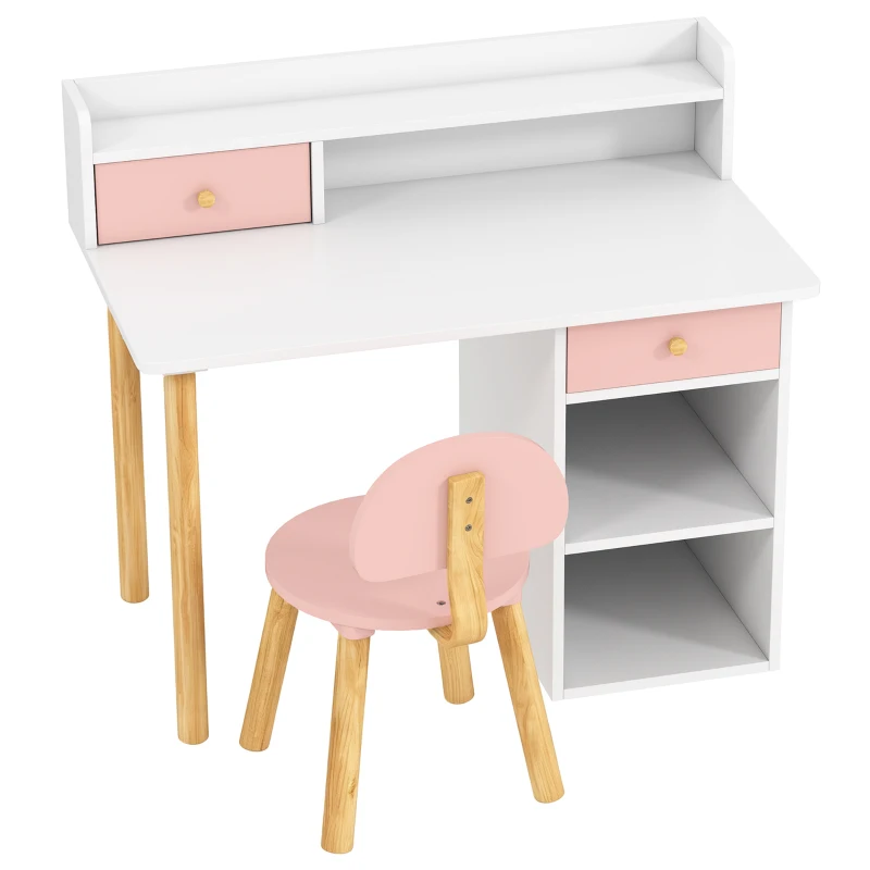 AIYAPLAY Schreibtisch- und Stuhlset für Kinder mit 2 Schubladen und Ablagen aus Holz, für Kinderzimmer, Arbeitszimmer, Kindergarten, Rosa