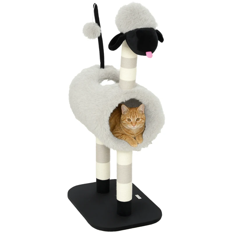 PawHut Arbre à chat motif mouton, avec poteaux à griffer, tunnel et jouet, 98 cm, Gris clair