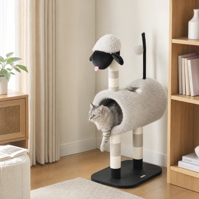 PawHut Árbol para gatos diseño de oveja, con postes rascadores, túnel y juguete, 98 cm, Gris claro