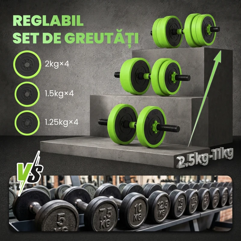 SPORTNOW Set de Greutăți 4 în 1 de 20 kg, convertibil în kettlebell, 2 gantere, bară și suport pentru flotări, verde