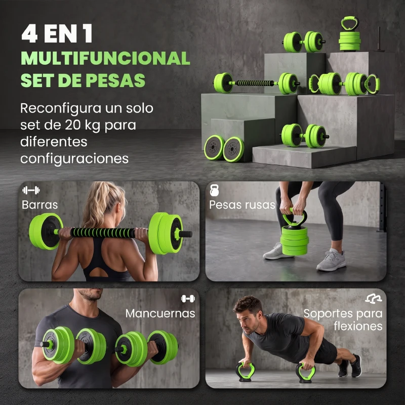 SPORTNOW Kit de Gimnasio 6 en 1 con Barra de Pesas Mancuernas Kettlebell para Entrenamiento de Fuerza en Casa Color Verde y Negro