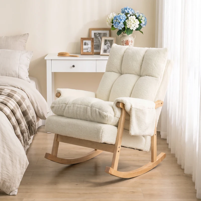 HOMCOM Fauteuil à bascule avec poches latérales, revêtement Snow-flannel et pieds en bois d'hévéa, blanc crème