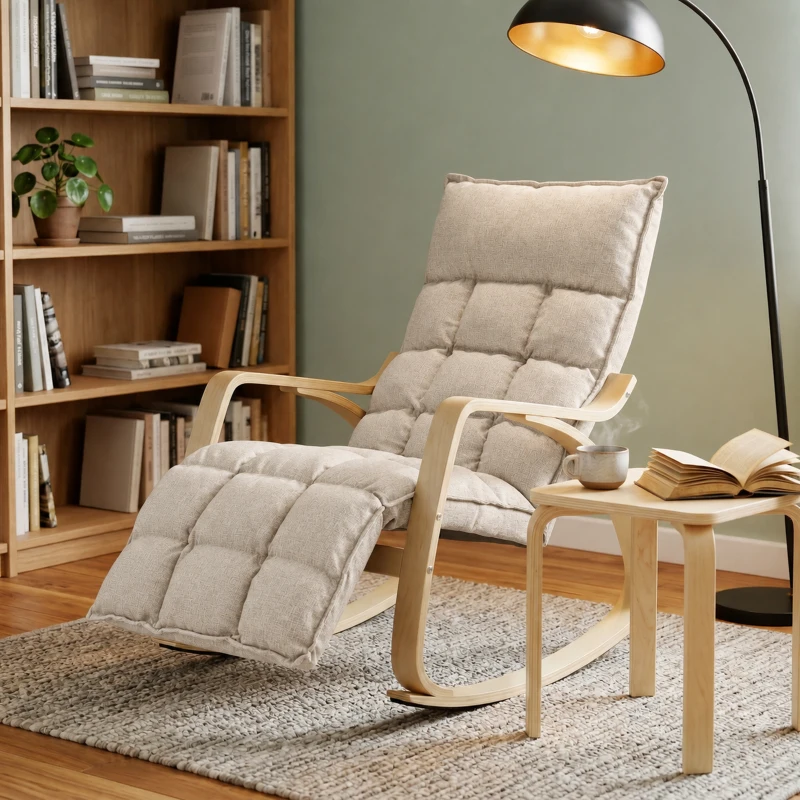 HOMCOM Poltrona de Balanço com Apoio para os Pés Ajustável, Cadeira de Balanço com Pés em Madeira de Bétula, 67x93x105cm, Marrom Claro