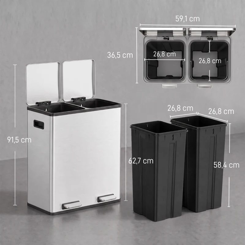 HOMCOM Poubelle à Double Compartiment 2 x 30 L, Poubelle de Cuisine à Pédale en Acier Inoxydable, Argenté