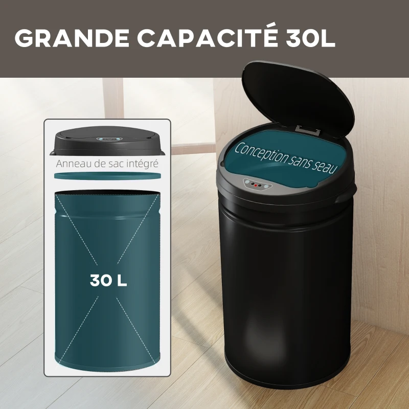 HOMCOM Poubelle cuisine automatique 30L acier inoxydable, poubelle à couvercle à fermeture en douceur, 32x30,5x51cm, noir