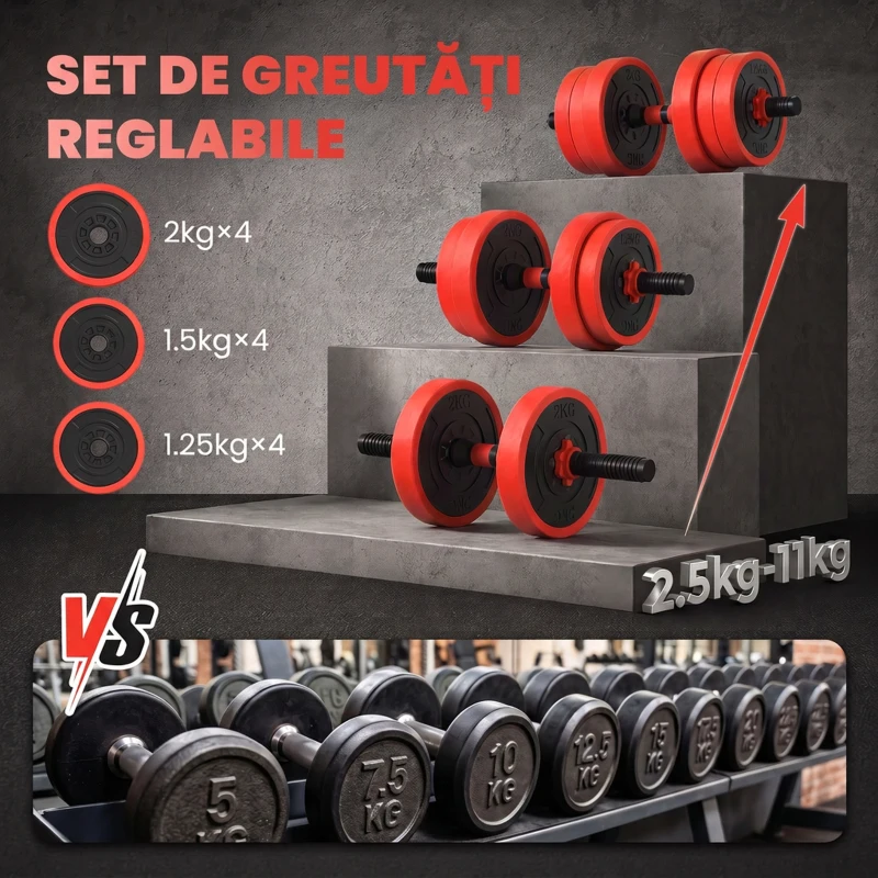 SPORTNOW Set Greutăți 4 în 1 de 20kg, Convertibil în Kettlebell, 2 Gantere, Bară și Suport pentru Flotări, Roșu