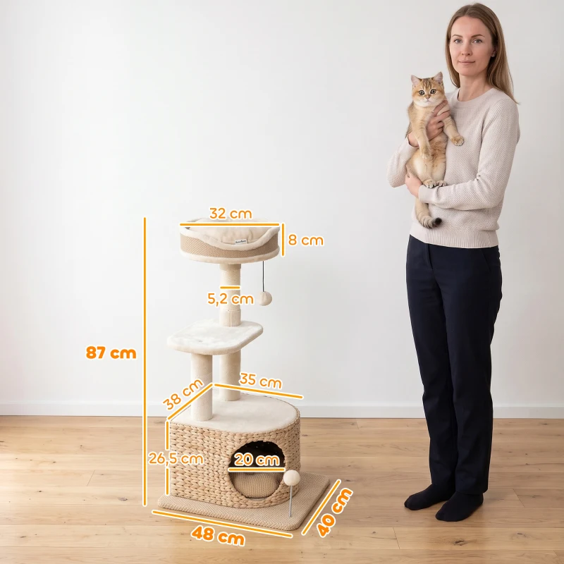 PawHut Kratzbaum Modernes Design Geflochtenes Styling mit Kratzstamm 4 Ebenen Schilf‑Nische Jute‑Liege 87 cm Beige