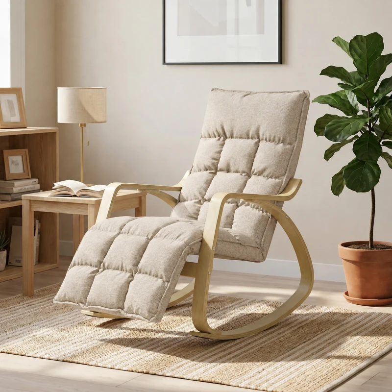 HOMCOM Poltrona de Balanço com Apoio para os Pés Ajustável, Cadeira de Balanço com Pés em Madeira de Bétula, 67x93x105cm, Marrom Claro