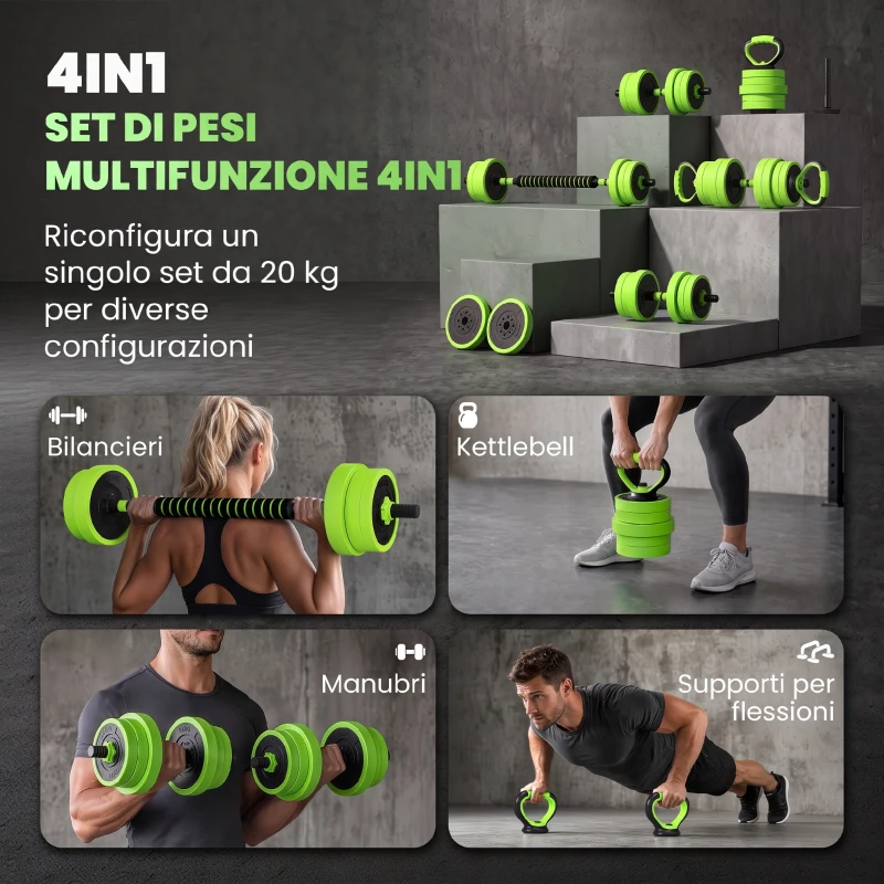 SPORTNOW Set Pesi da Palestra 4 in 1 da 20kg, Convertibile in Kettlebell, 2 Manubri, Bilanciere e Supporto Flessioni, Verde