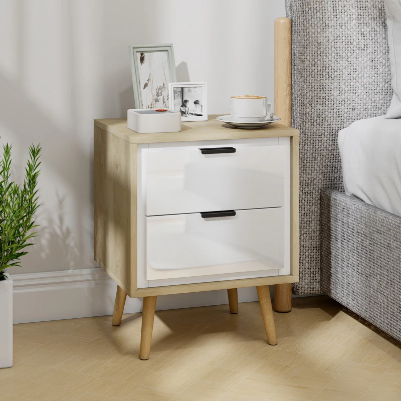 HOMCOM Table de chevet étroite, table d'appoint 2 tiroirs silencieux et pieds en bois massif, 40 x 35 x 50 cm, blanc brillant