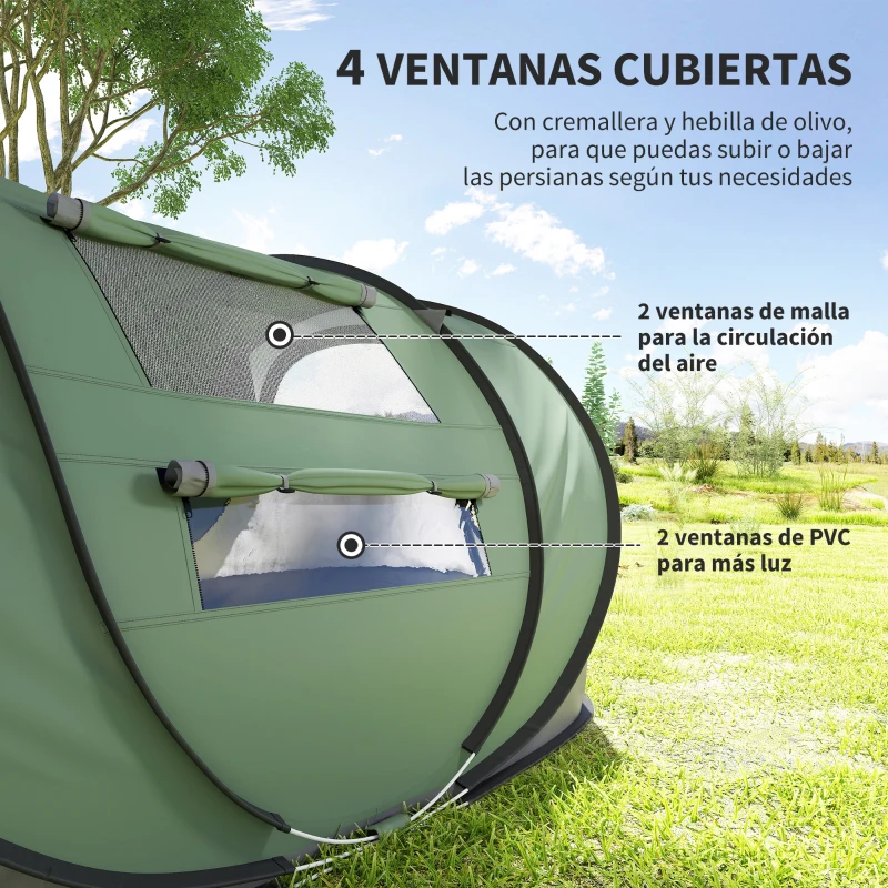 Outsunny Tienda de Camping Pop-up con Ventanas Bolsillos y Bolsa de Transporte Impermeable Anti-UV 263,5x220x123 cm Verde y Gris