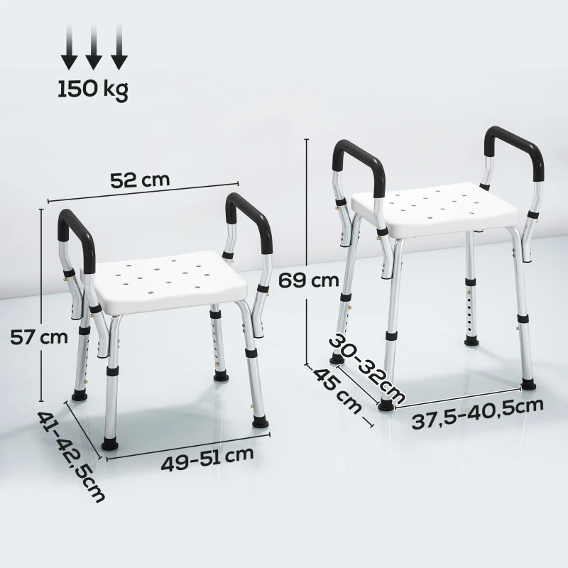 HOMCOM Taburete de Ducha de Aluminio con Altura Ajustable, Reposabrazos y Patas Antideslizantes, Blanco
