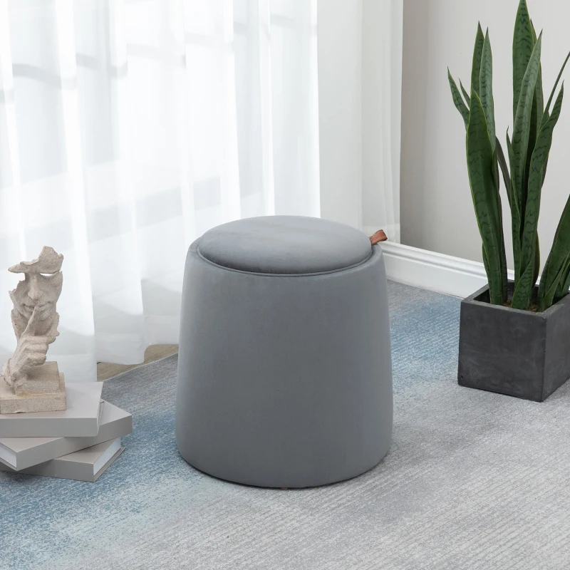 HOMCOM Pouf coffre rangement, pouf repose-pieds en tissu velours givré, couvercle réversible, Ø 44 x 47,5 cm, gris