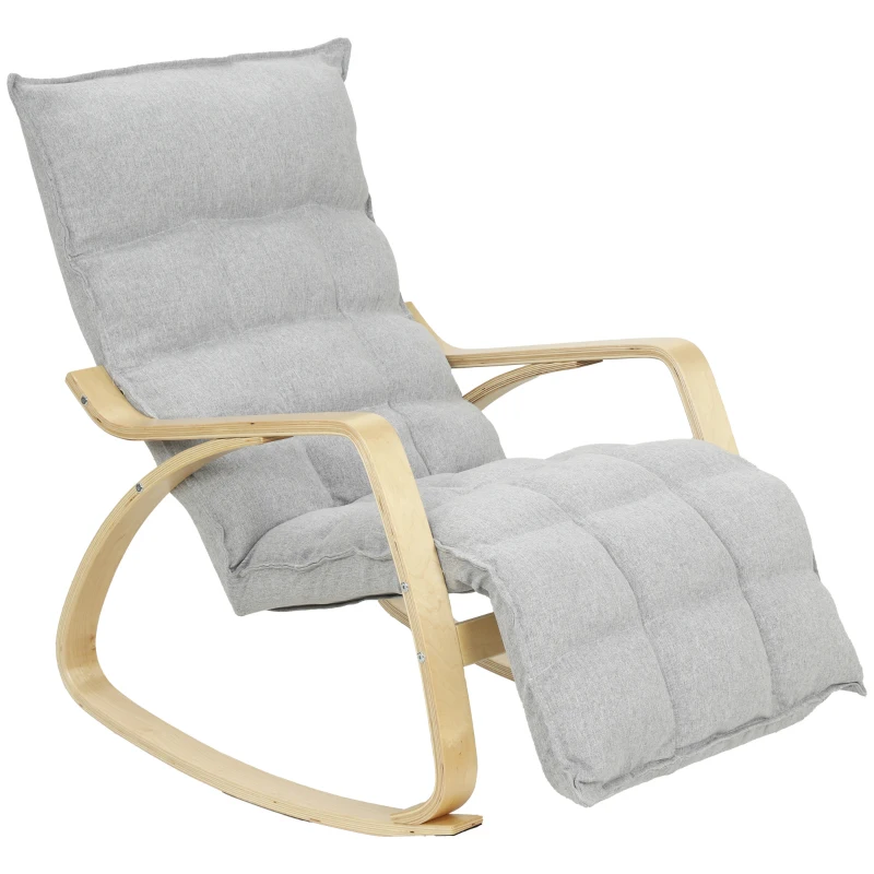 HOMCOM Poltrona de Balanço com Apoio de Pés Ajustável, Cadeira de Balanço com Pés em Madeira de Bétula, 67x93x105cm, Cinzento Claro