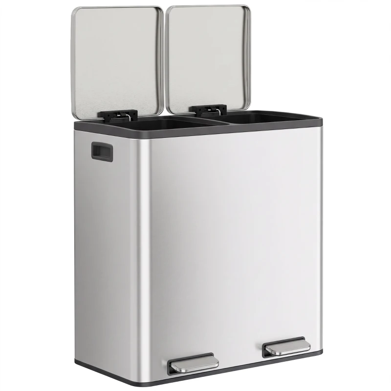 HOMCOM Poubelle à Double Compartiment 2 x 30 L, Poubelle de Cuisine à Pédale en Acier Inoxydable, Argenté