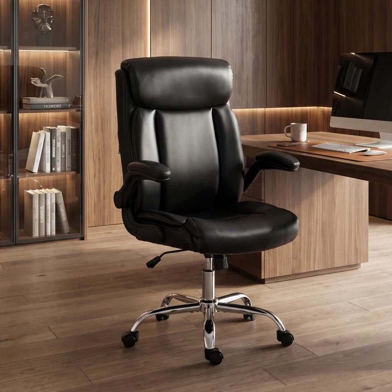 HOMCOM Scaun de birou ergonomic cu brațe rabatabile, scaun din PU, înălțime reglabilă, funcție de balans, negru