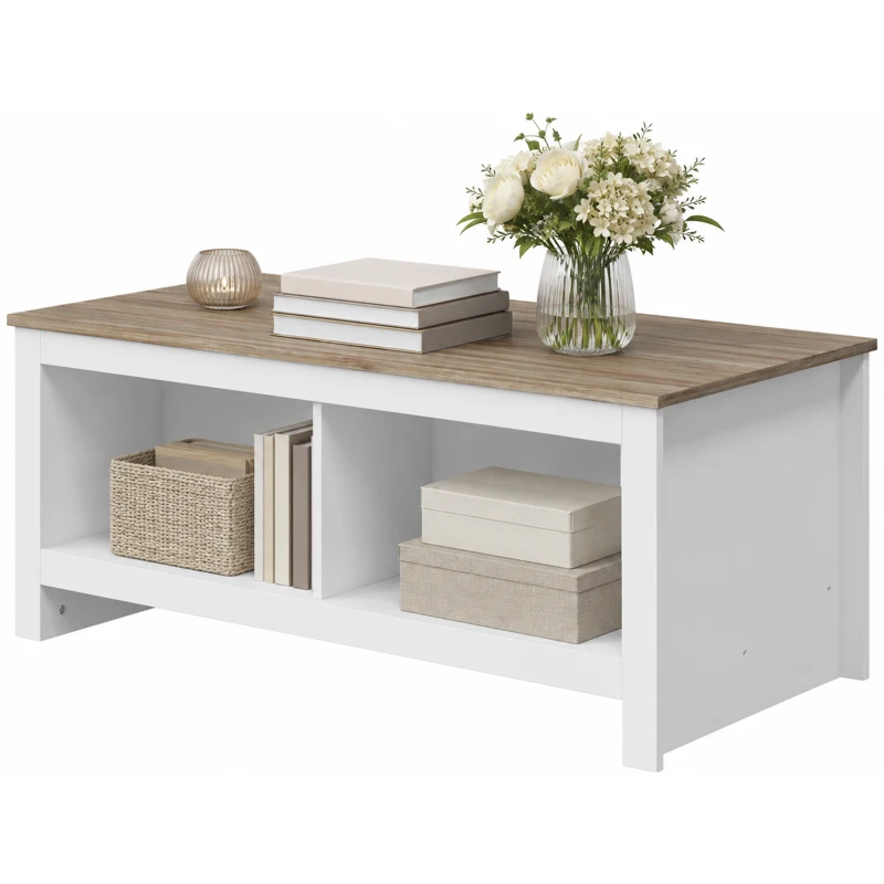 HOMCOM Mesa de Centro Retangular Mesa de Sala Moderna com 4 Compartimentos Abertos 110x55x45,5 cm Carvalho e Branco