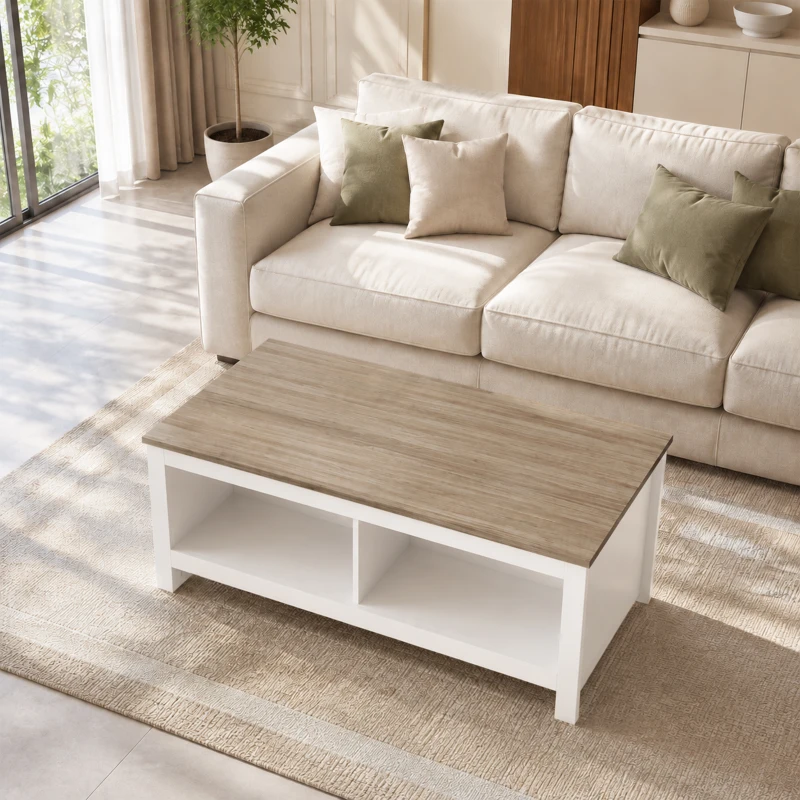 HOMCOM Masă de cafea dreptunghiulară, masă de salon modernă cu 4 compartimente deschise, 110 x 55 x 45,5 cm, stejar și alb