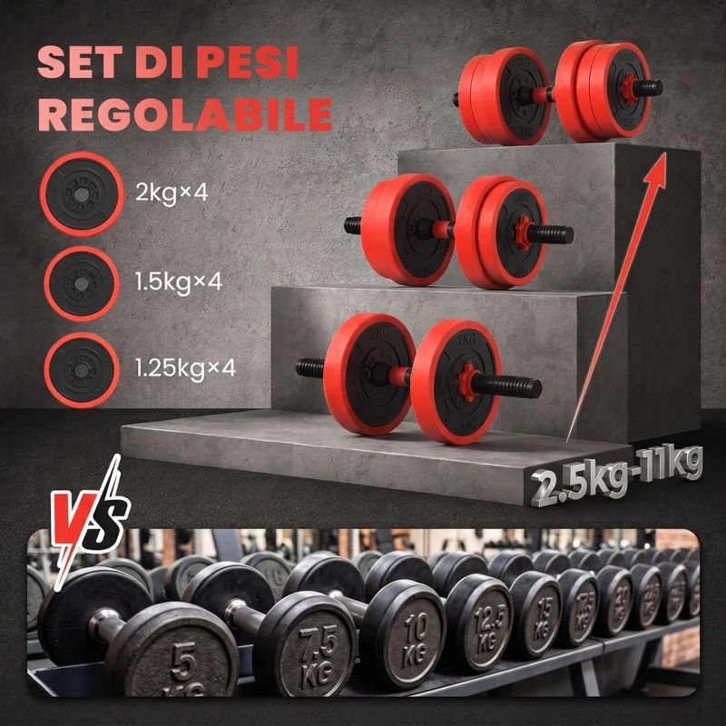 SPORTNOW Set Pesi da Palestra 4 in 1 da 20kg, Convertibile in Kettlebell, 2 Manubri, Bilanciere e Supporto Flessioni, Rosso