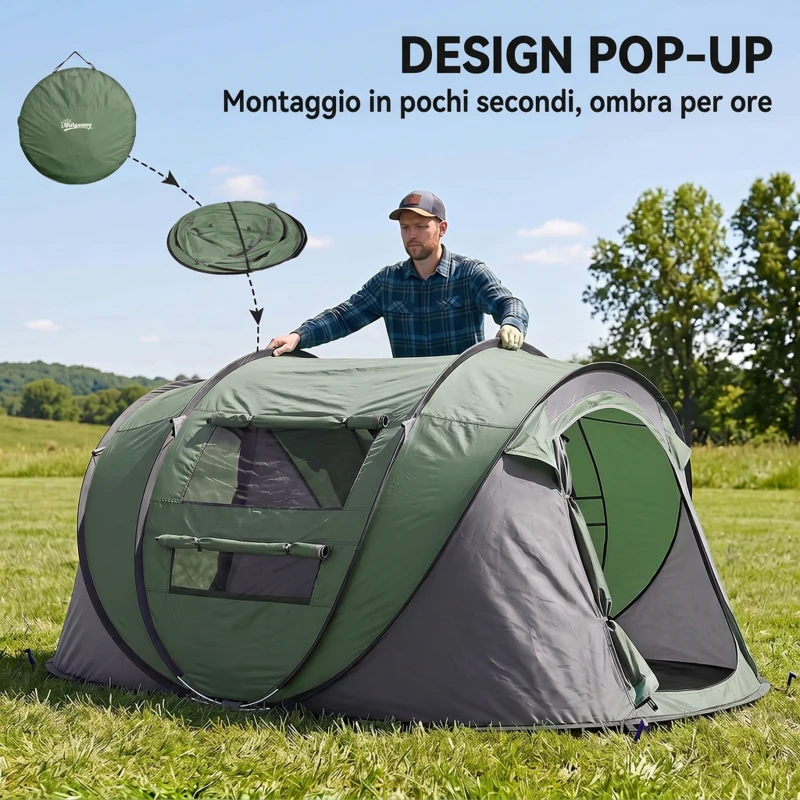 Outsunny Tenda da Campeggio Pop Up 3 Posti con 2 Porte, 4 Finestre e Telo Resistente all'acqua, 263.5x220x123 cm, Verde Scuro