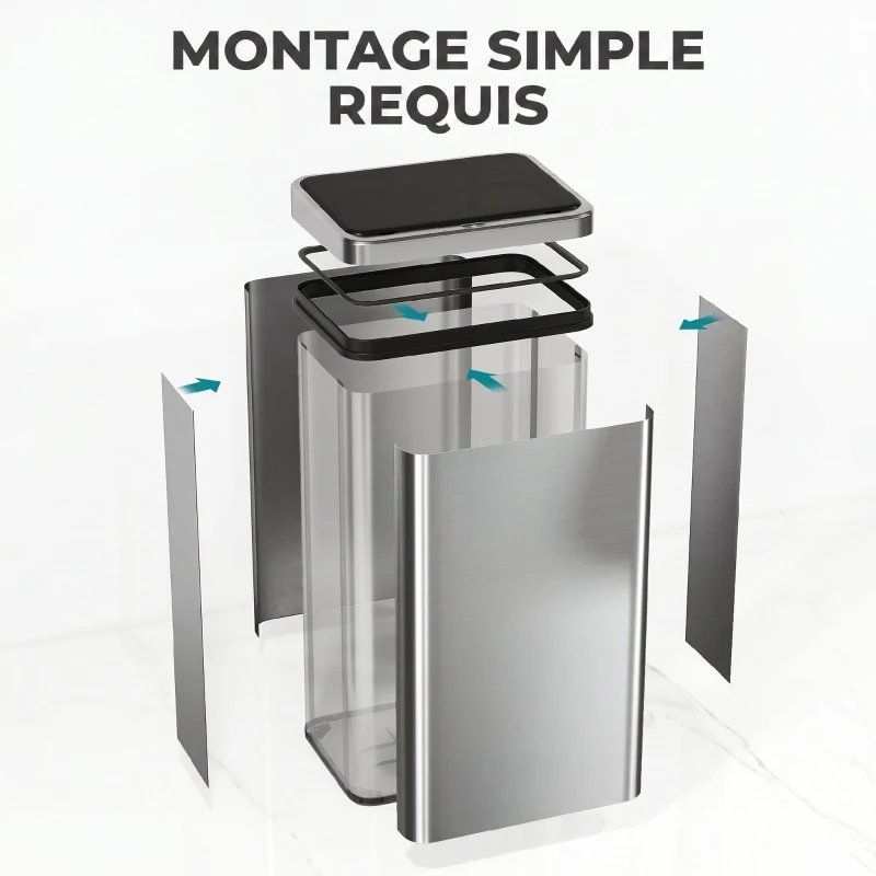 HOMCOM Poubelle à Capteur de 50L, Couvercle à Fermeture en Douceur, Poubelle de Cuisine Automatique Acier Inoxydable, Argenté