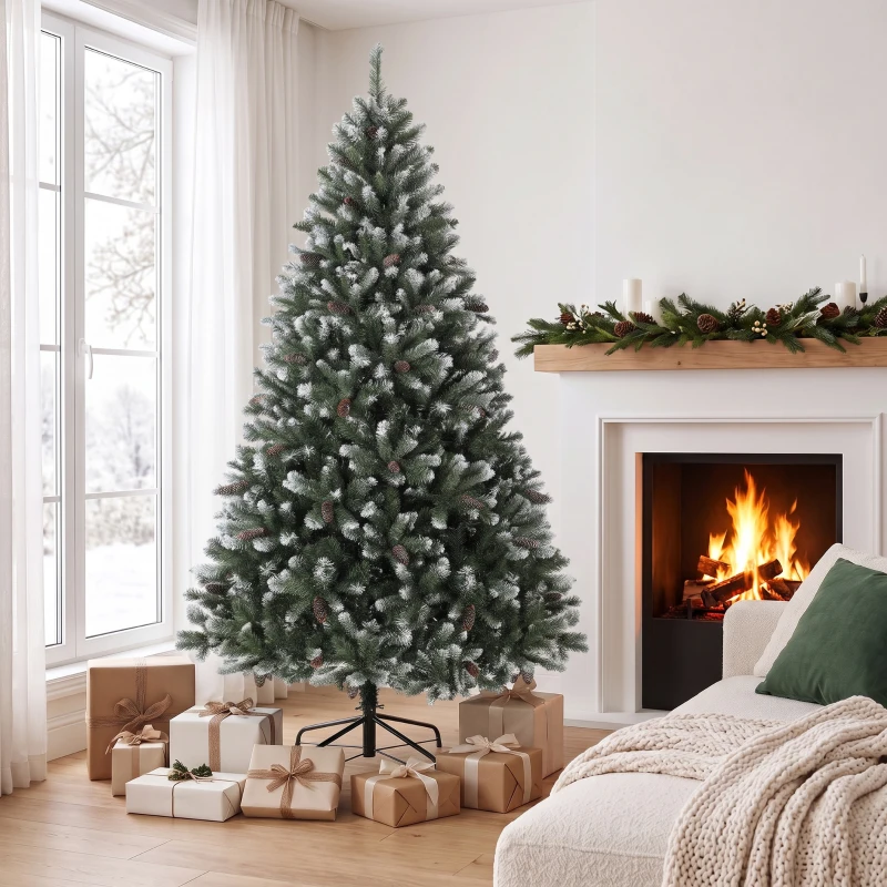 HOMCOM Albero di Natale Innevato 180 cm con 802 Rami, 59 Pigne, Effetto Realistico, Base Pieghevole in Metallo