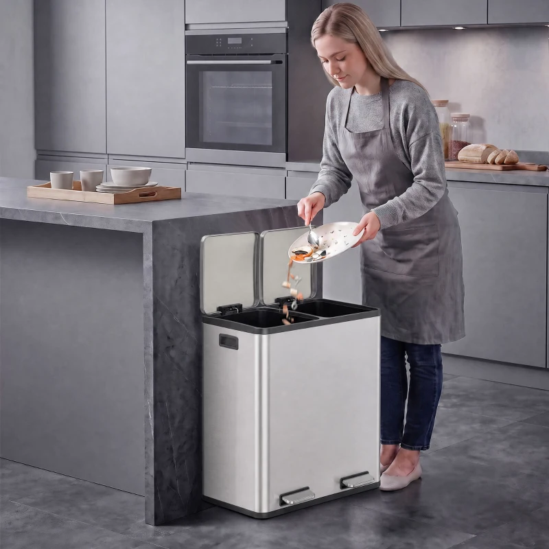 HOMCOM Poubelle à Double Compartiment 2 x 30 L, Poubelle de Cuisine à Pédale en Acier Inoxydable, Argenté